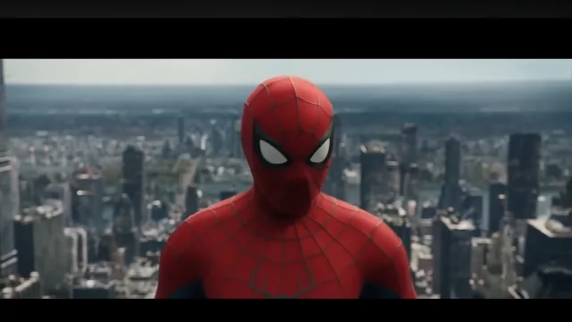 Spider-Man de pie sobre una azotea con el skyline de Nueva York al fondo